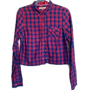 Bershka red plaid top Long sleeve button up collar crop top size M streetwear